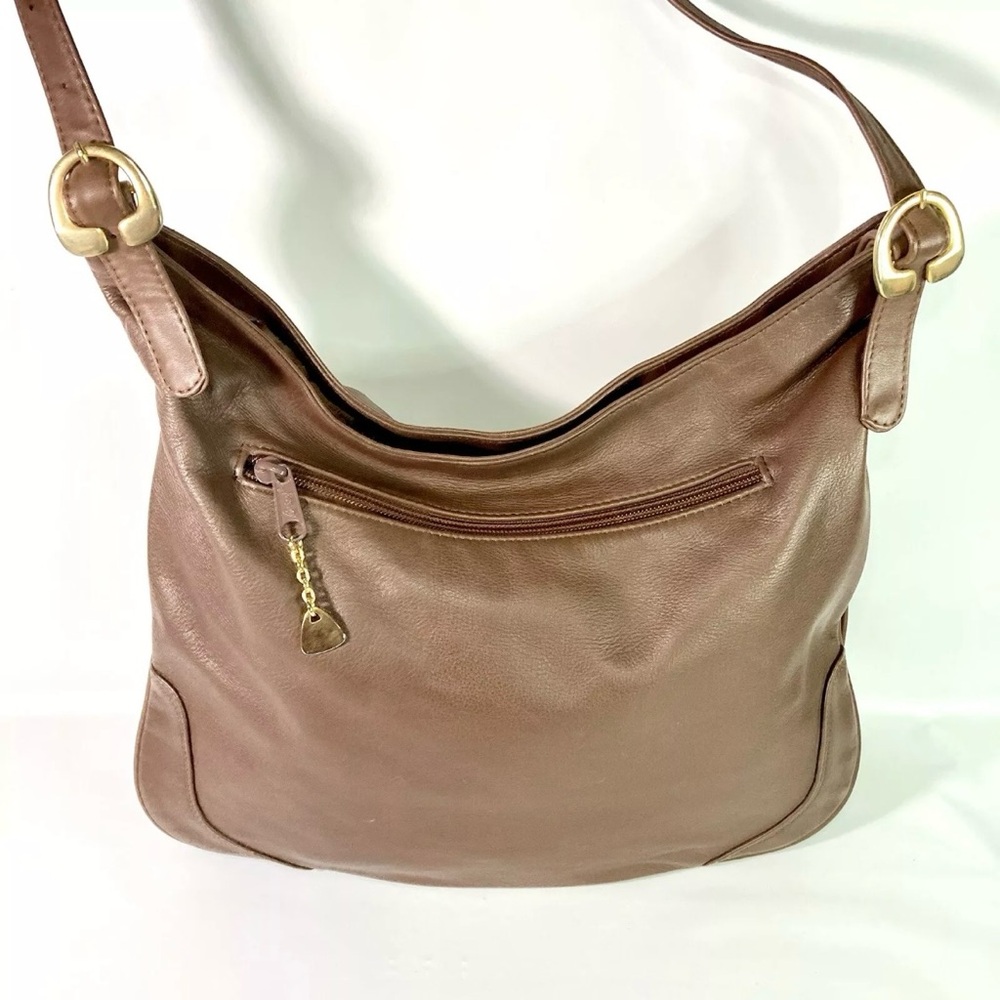 Vintage Brio Soft Brown Leather Hobo Bag Purse Adjust Crossbody Velour Lined EUC